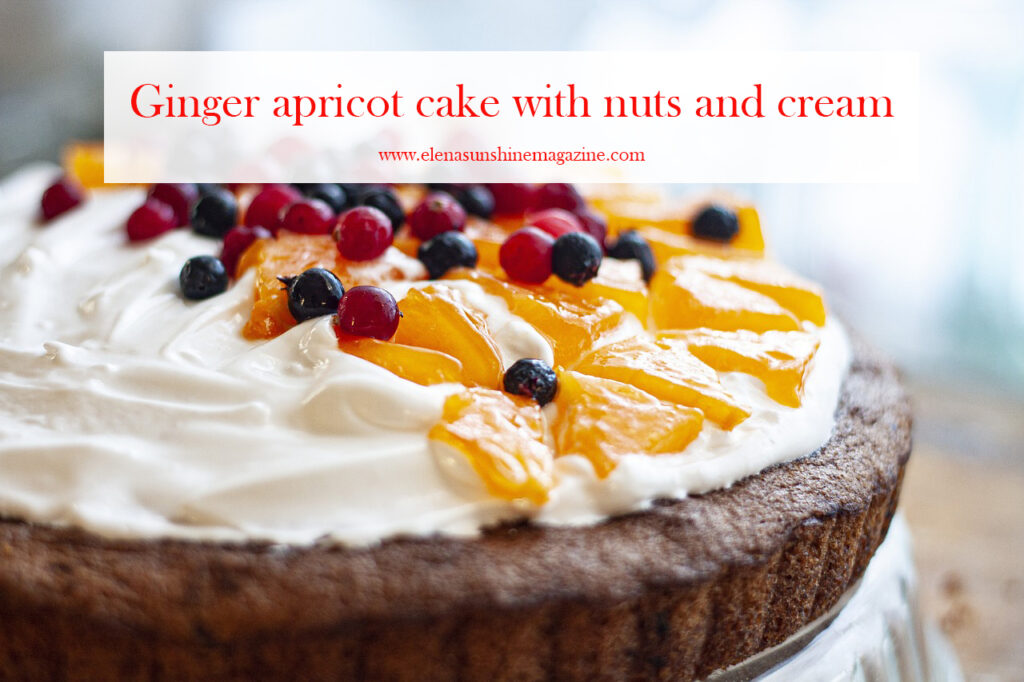 Ginger apricot cake with nuts and cream frosting