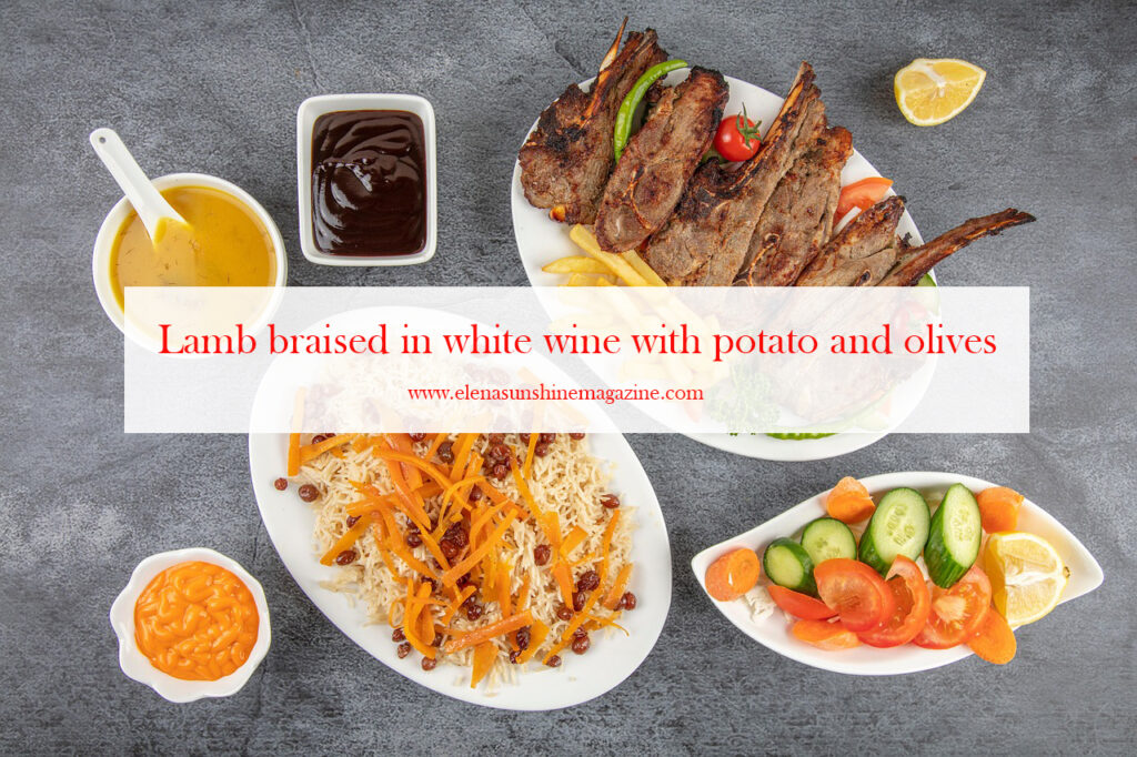 Lamb braised in white wine with potato and olives