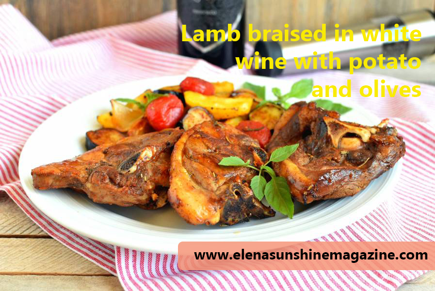 Lamb braised in white wine with potato and olives