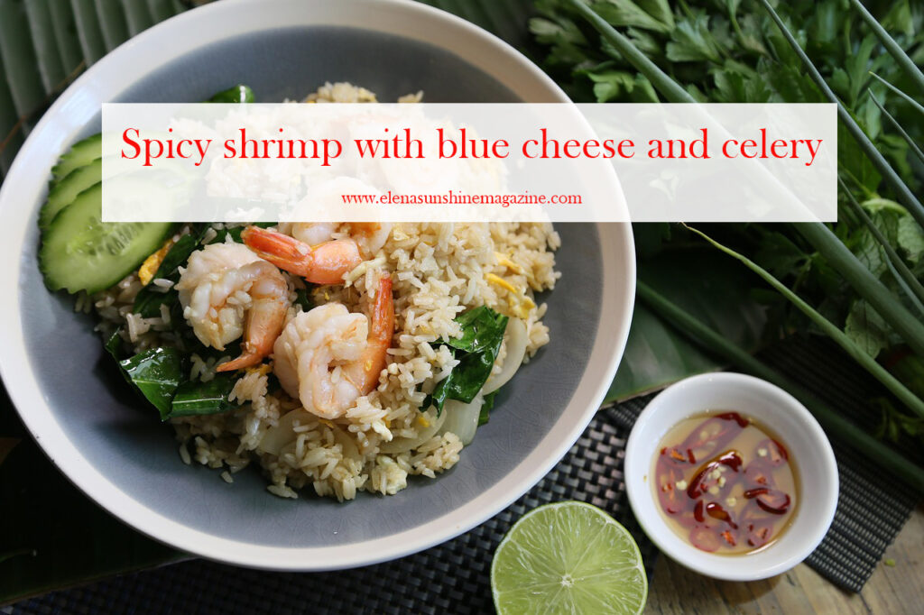 Spicy shrimp with blue cheese and celery