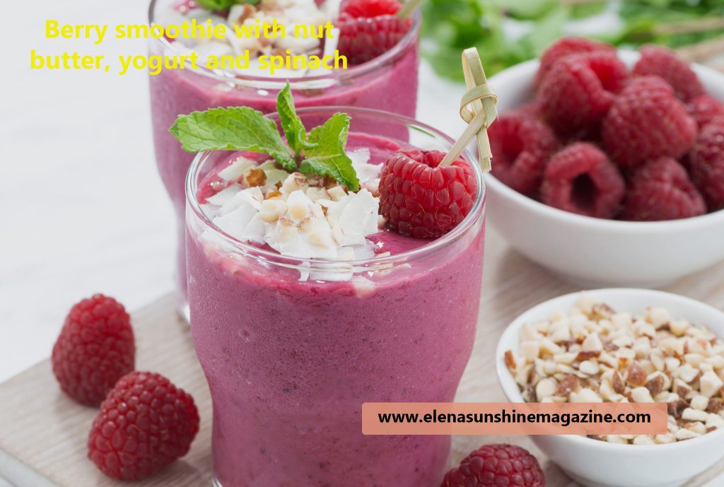 Berry smoothie with nut butter, yogurt and spinach