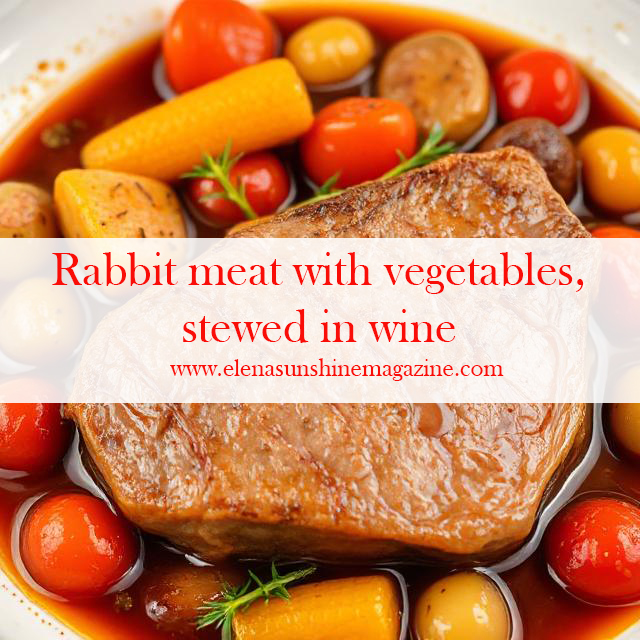 Rabbit meat with vegetables, stewed in wine