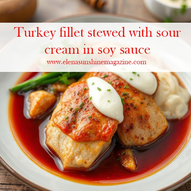 Turkey fillet stewed with sour cream in soy sauce