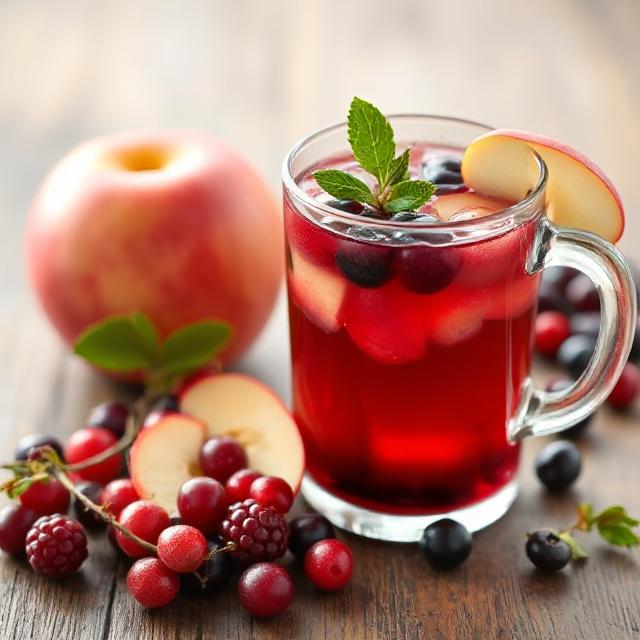A drink made from rose hips, apples, and berries, with honey