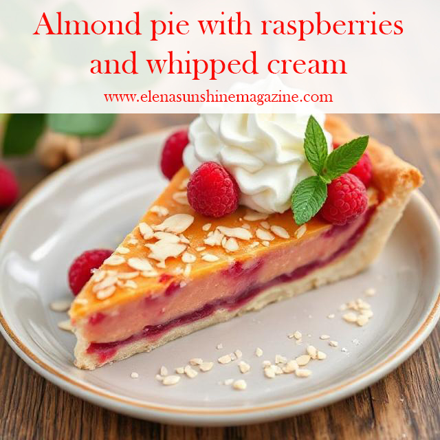 Almond pie with raspberries and whipped cream