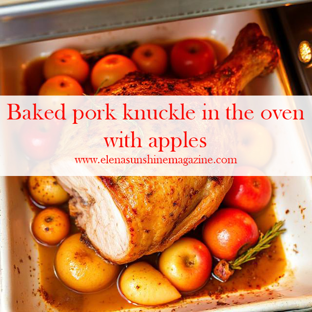 Baked pork knuckle in the oven with apples