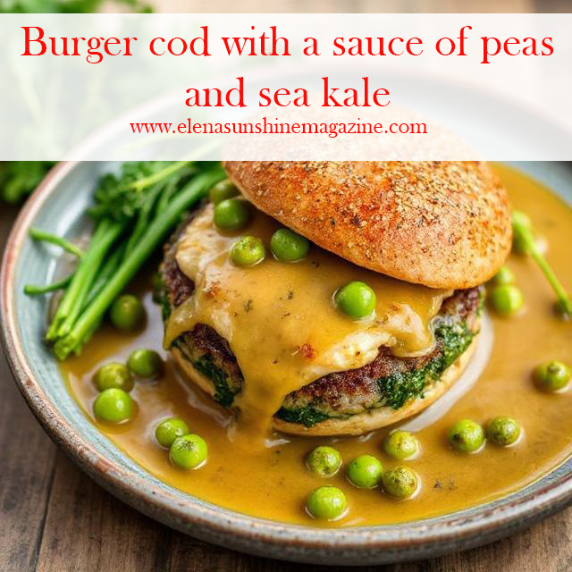 Burger cod with a sauce of peas and sea kale
