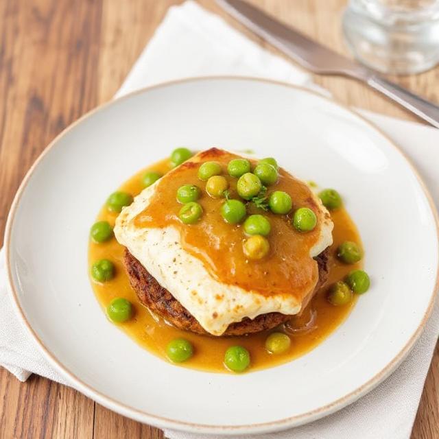 Burger cod with a sauce of peas and sea kale