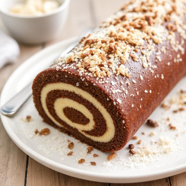 Chocolate banana roll with coconut crumbs