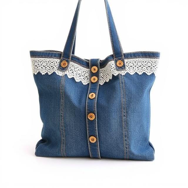 Denim shopping bag with lace and buttons
