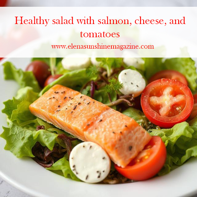 Healthy salad with salmon, cheese, and tomatoes
