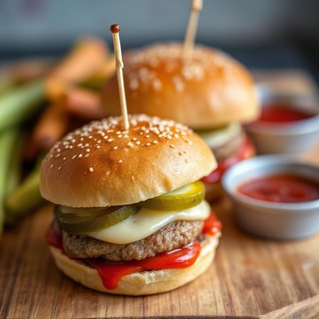 Mini burgers with sauce and pickles