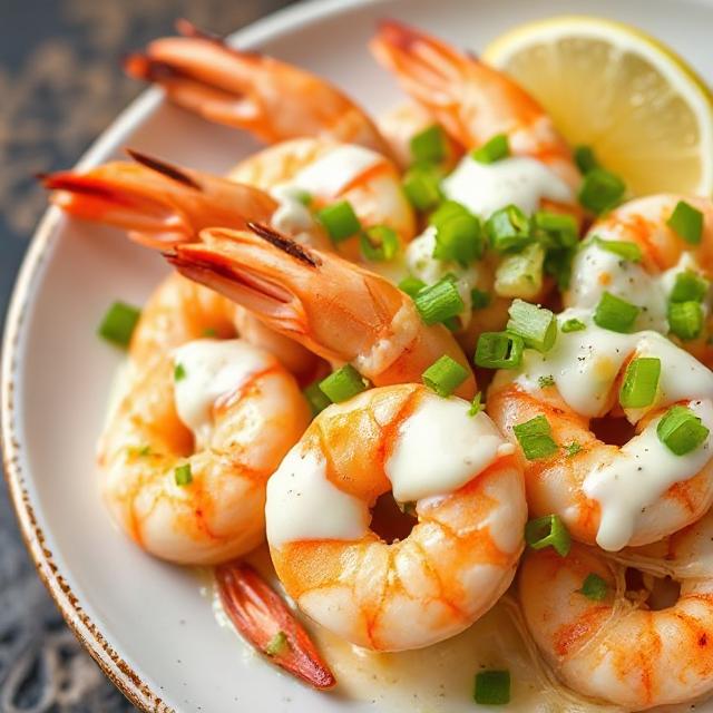 Prawns with tequila, cream and green onions