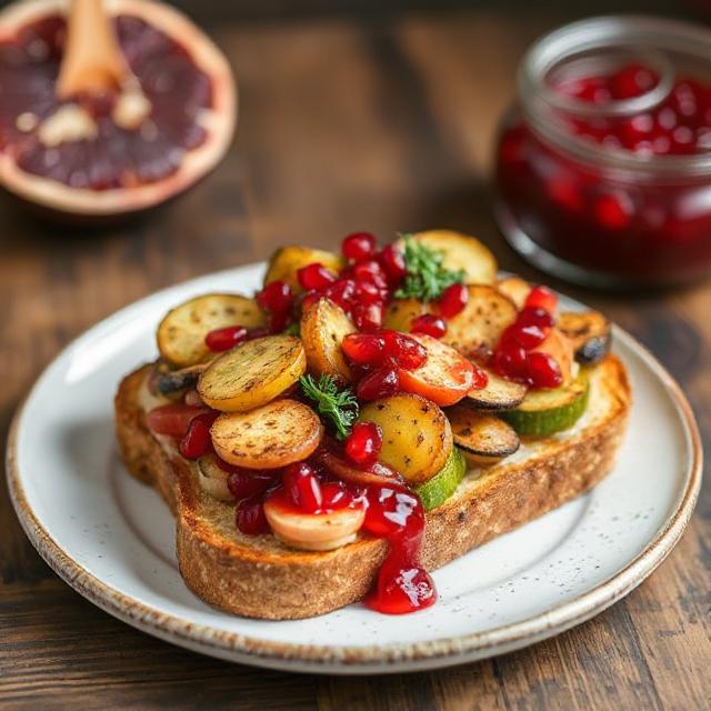 Toast with grilled vegetables and pomegranate sauce