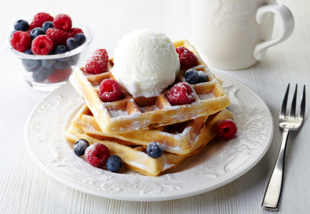 Waffles, fresh berries, vanilla ice cream