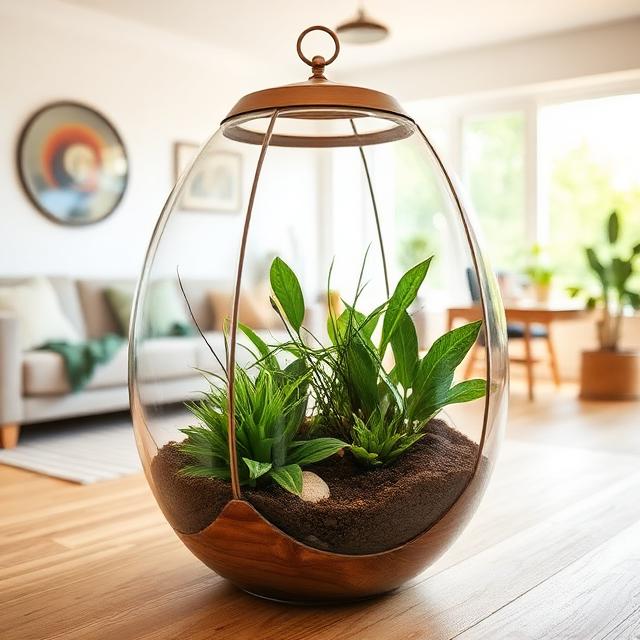 A home terrarium made of wood and metal with green plants in a bright living room
