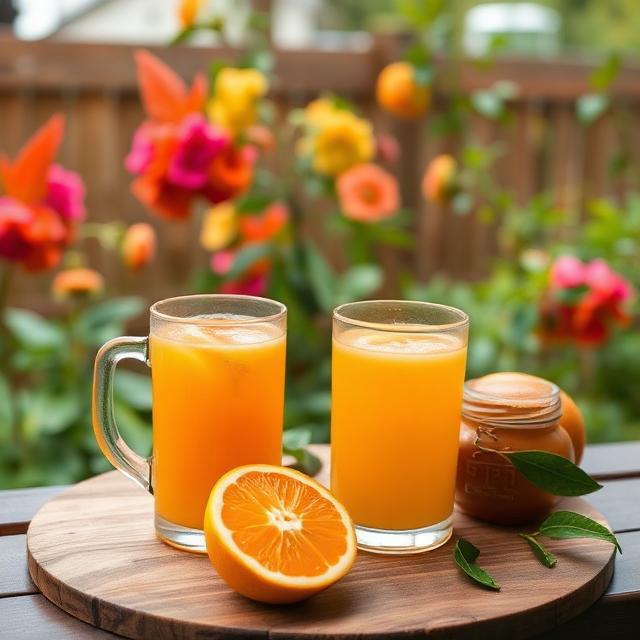 An immunity drink made with oranges, lemons, and honey in a cozy garden