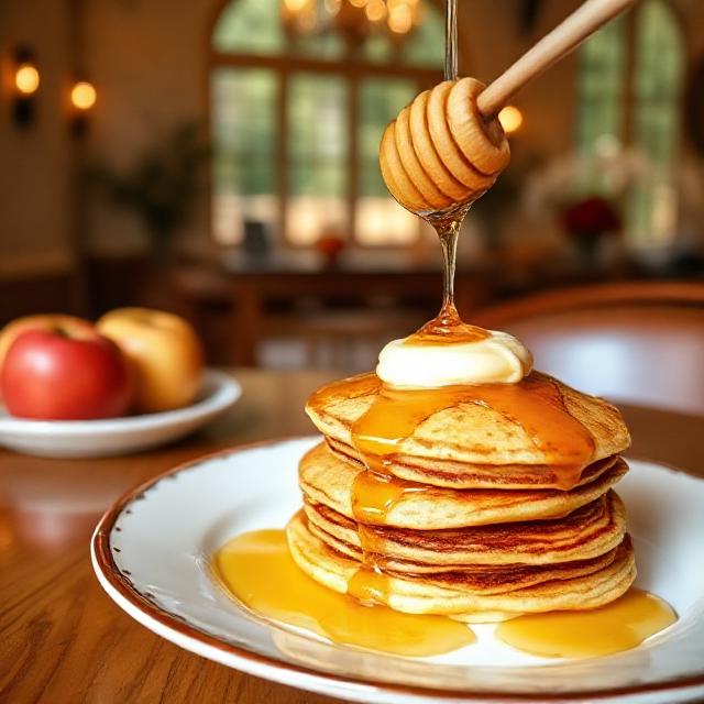 Apple pancakes with honey in a beautiful interior
