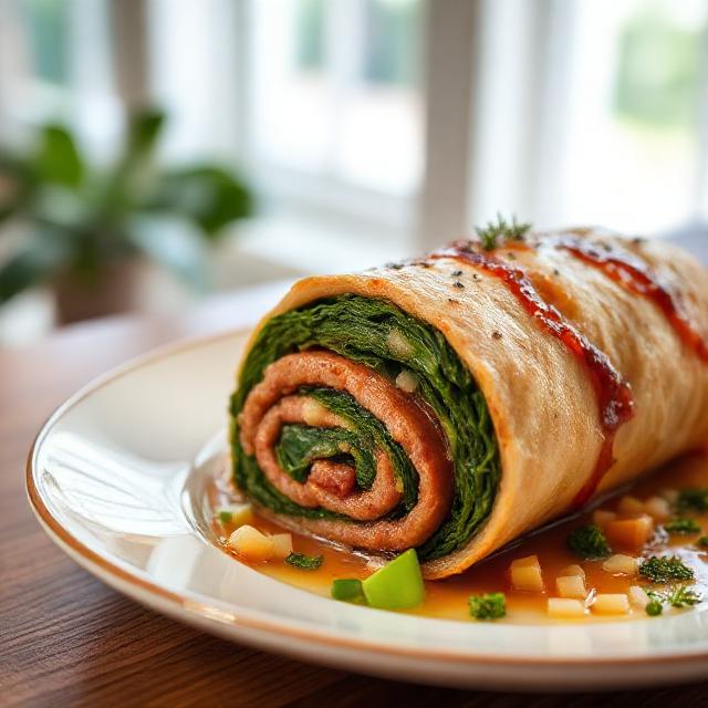 Beef roll with spinach and onions on a plate in a beautiful interior