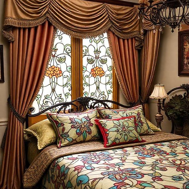 Curtains, pillows, and bedspreads in the Tiffany style