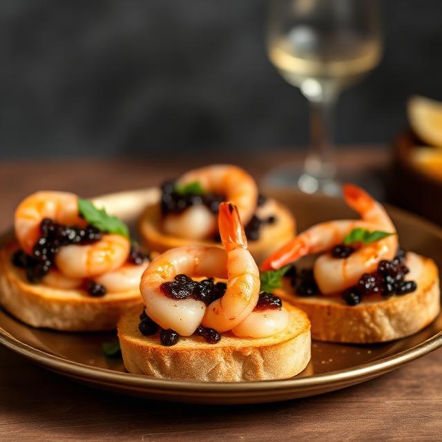 Delicious toasts with caviar and shrimp 
