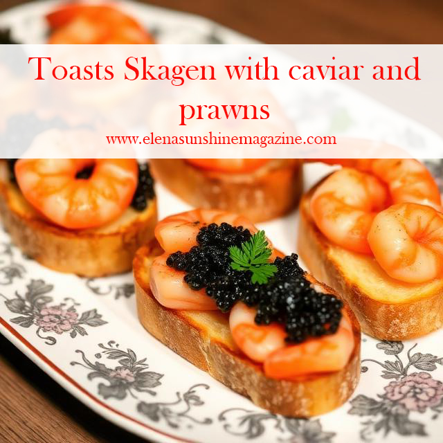 Toasts Skagen with caviar and prawns