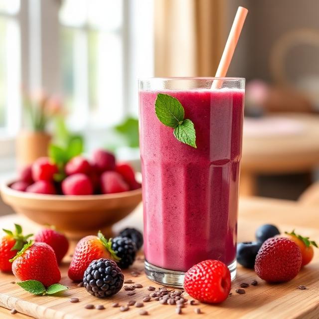 Fruit and berry smoothie with flax seeds in a beautiful interior