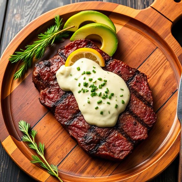 Hanger steak with avocado and cream sauce in a wooden platter