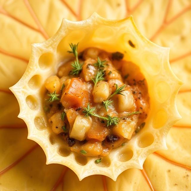 Kiwano with a delicious filling and herbs in a beautiful interior