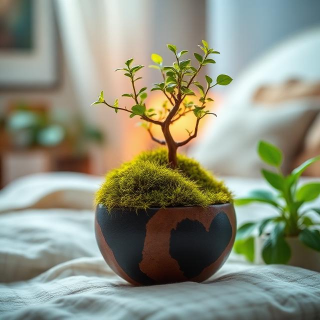 Kokedama with moss and a beautiful plant in a pleasant bedroom