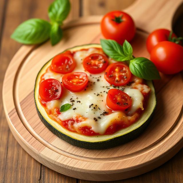 Mini zucchini pizza with tomatoes and cheese on a wooden tray