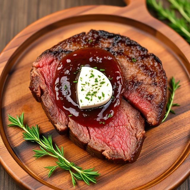 New York steak with blue cheese and onion jam in a wooden plate with herbs