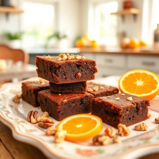Orange brownie with walnuts on a beautiful tray in a country kitchen