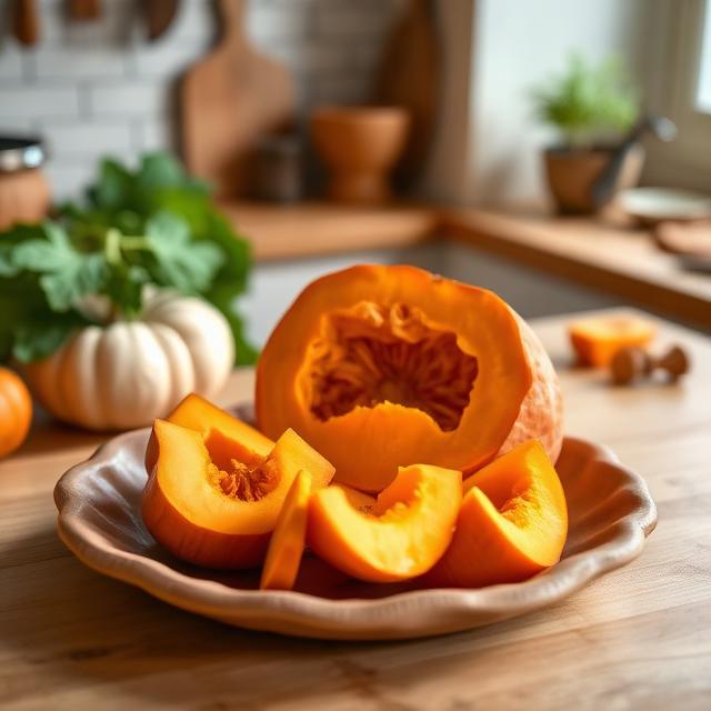 Pumpkin sliced ​​on a clay dish