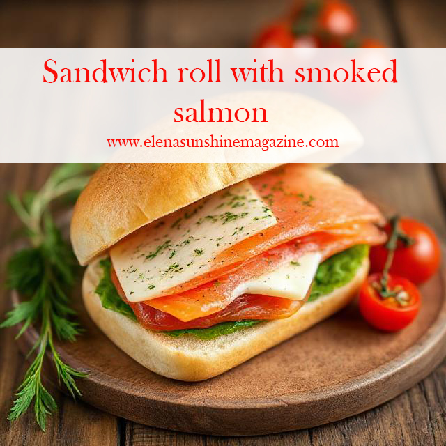Sandwich roll with smoked salmon, cheese, herbs and tomato