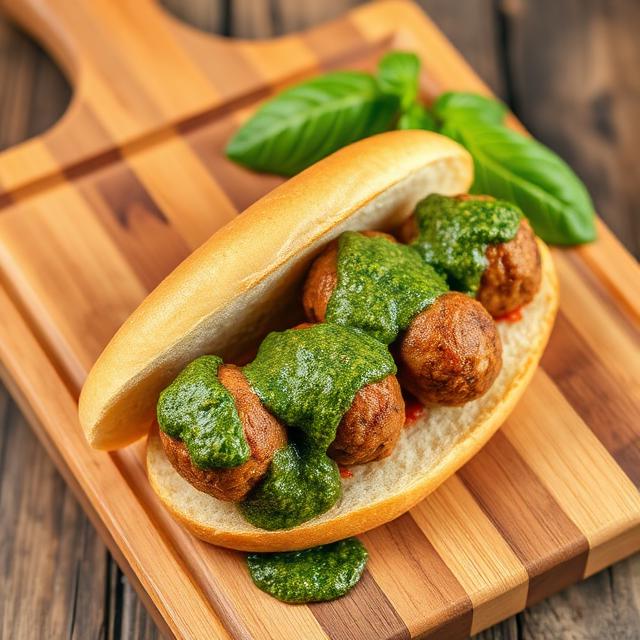 Sandwich with meatballs and Pesto sauce