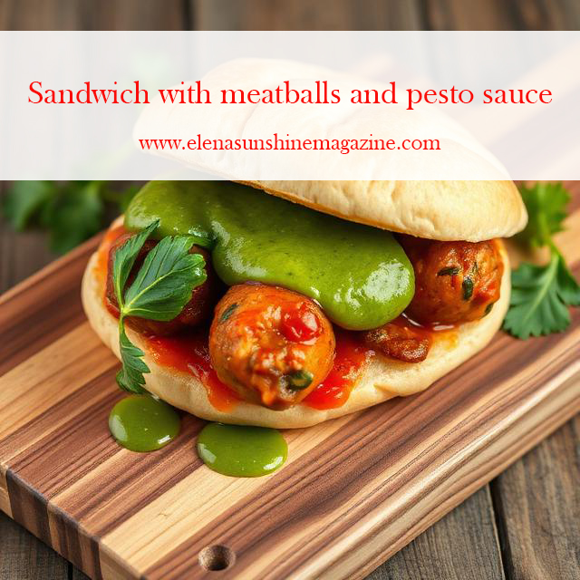 Sandwich with meatballs and pesto sauce