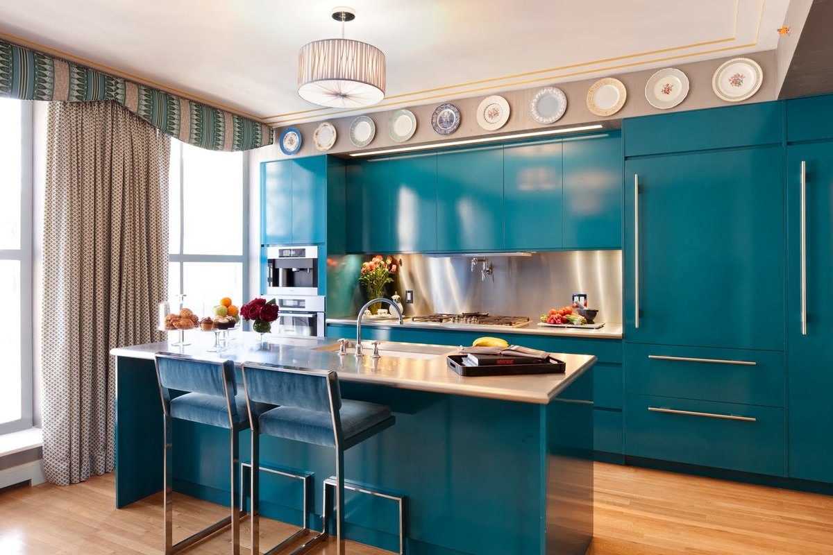 The kitchen in the Tiffany color and beige