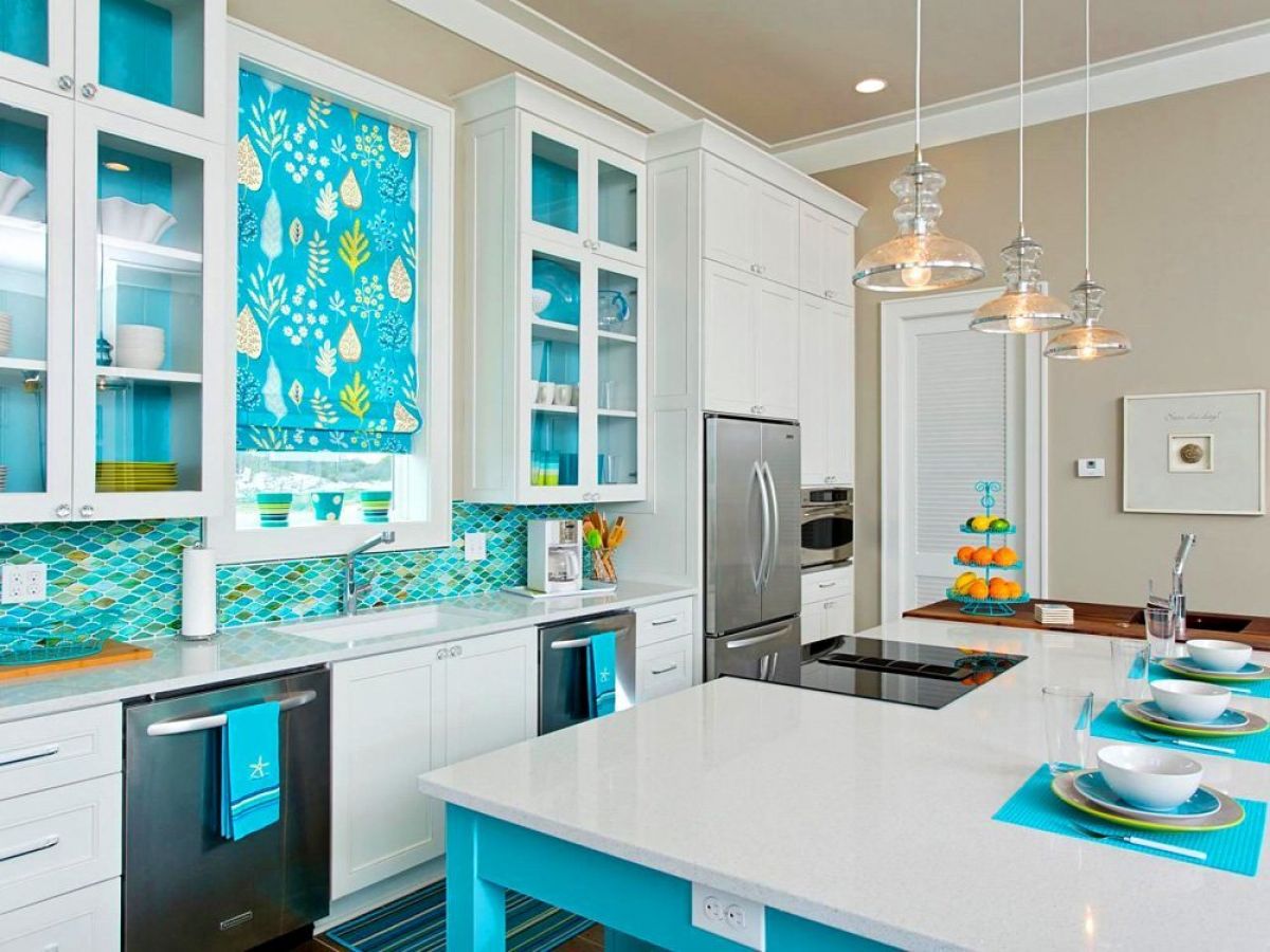 The kitchen in the Tiffany color and white