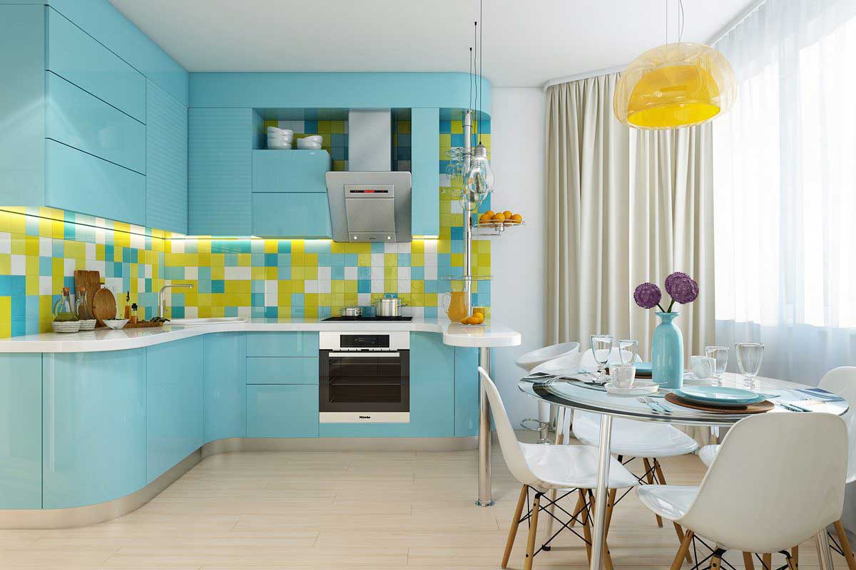 The kitchen in the Tiffany color and yellow