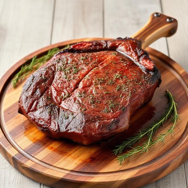 Tomahawk steak with herbs on a wooden tray