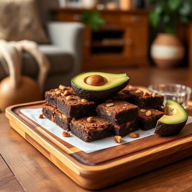 Vegan brownies with nuts and avocado on a wooden tray 