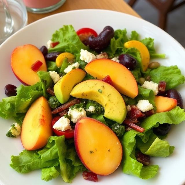 Vegetable salad with peaches and avocado for breakfast