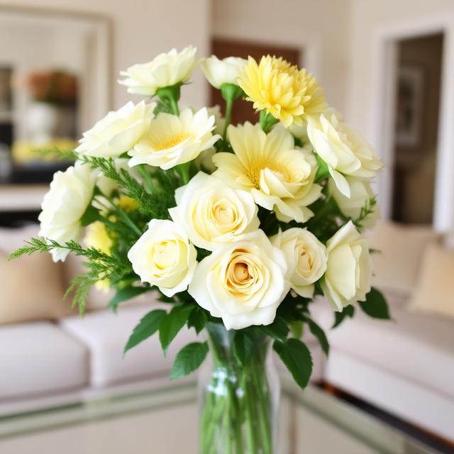 White roses with light yellow dahlias and sprigs of greenery in a beautiful vase in the Living Room