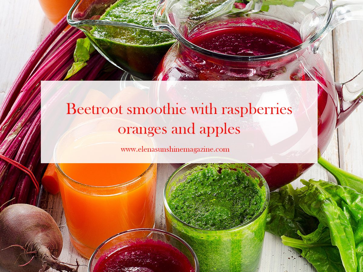 Beetroot smoothie with raspberries oranges and apples