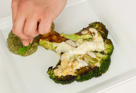Grilled broccoli with herb pesto and almonds