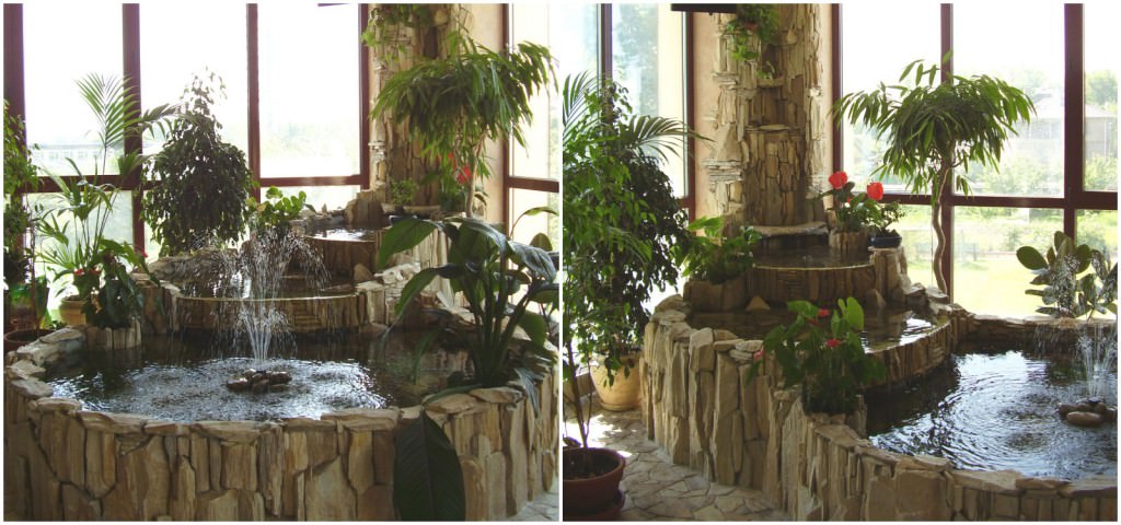Interior waterfall in the winter garden