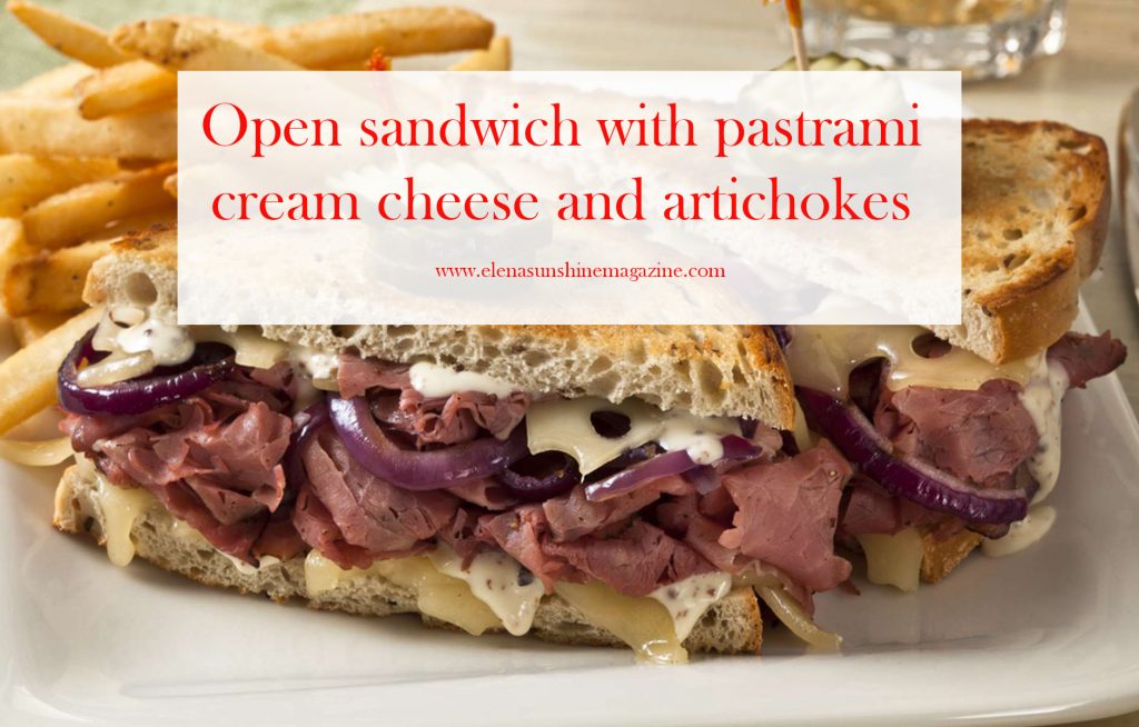 Open sandwich with pastrami cream cheese and artichokes