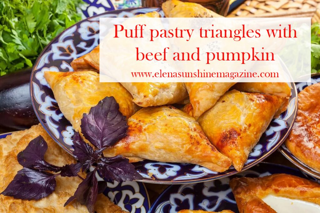 Puff pastry triangles with beef and pumpkin