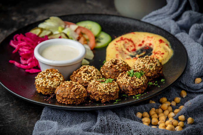 Healthy Breakfast of sweet potato falafel with sesame seeds